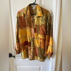 Vintage Susan Marsh Women’s 100% Silk Patchwork Button-Up Shirt Medium